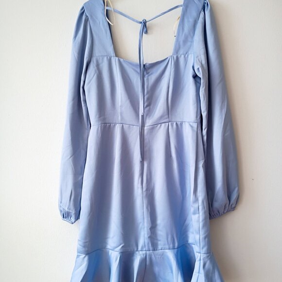 Forever 21 Light Blue Satin Mini Dress S | Long Sleeve Ruffle Hem - Picture 2 of 6